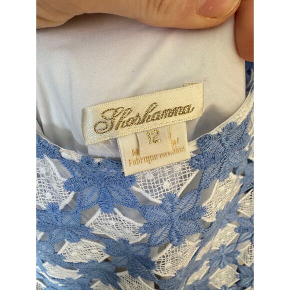 SHOSHANNA Rachel Ruffle Lace Midi Dress Size 12 Blue & White Wedding Guest - Picture 3 of 14